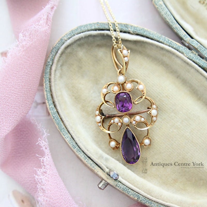 Victorian Art Nouveau 15ct Amethyst & Pearl Pendant/Brooch