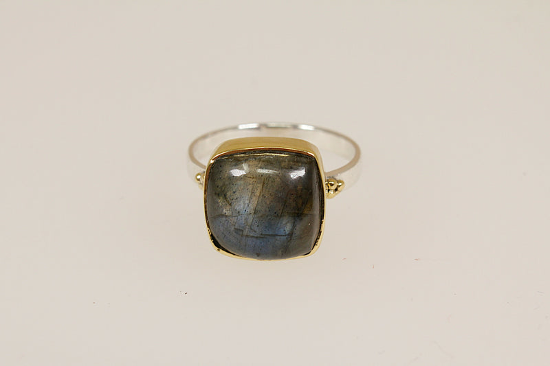 Silver & Labradorite Statement Ring with Gold Overlay Detailing