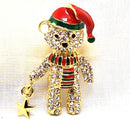 Festive Rhinestone Christmas Teddy Bear Brooch