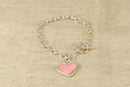 Silver Bracelet with T Bar and Pink Heart Charm