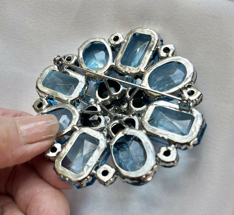 Retro Blue and Black Glass Faceted Extra Large Brooch