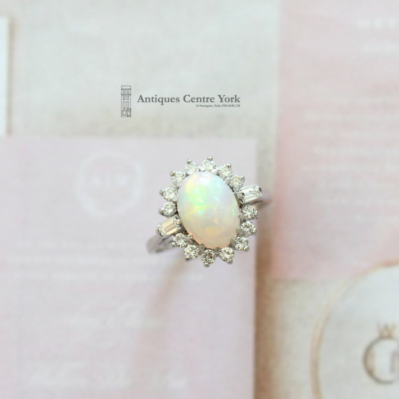 18ct White Gold Opal & Diamond Oval Cluster Ring
