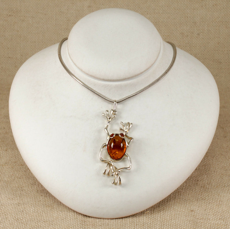 Silver and Amber Frog Pendant & Chain