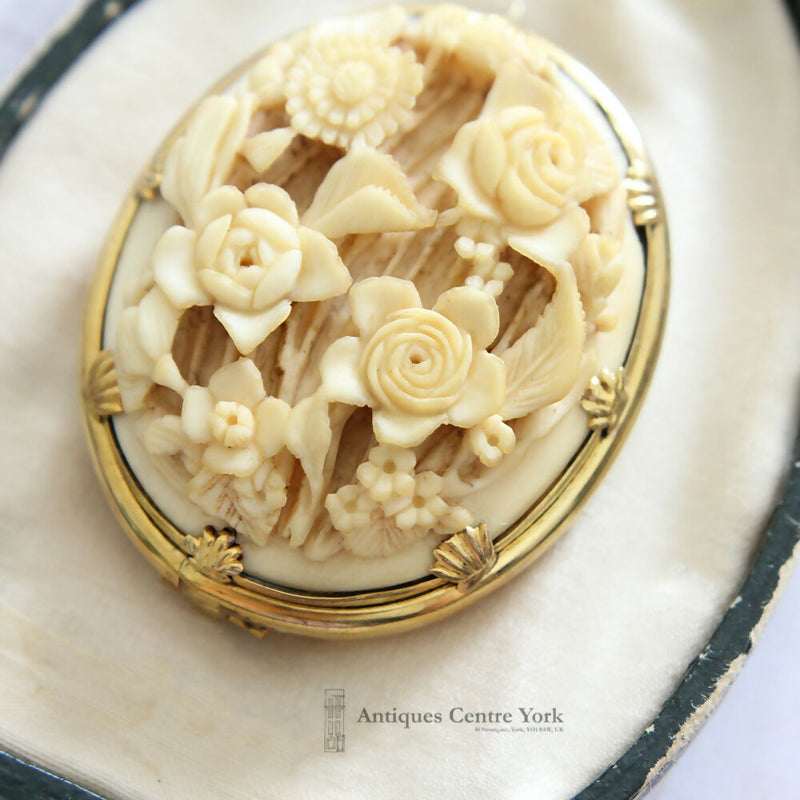 Victorian Carved Ox Bone Floral Design Brooch