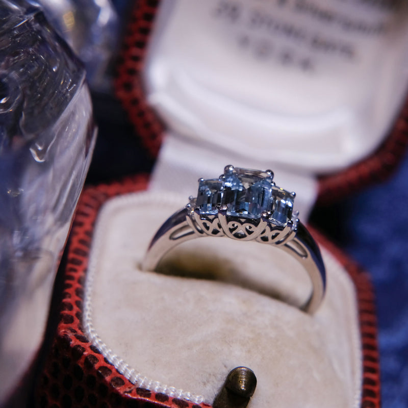 9ct White Gold Aquamarine Trilogy Ring With Diamonds Size P