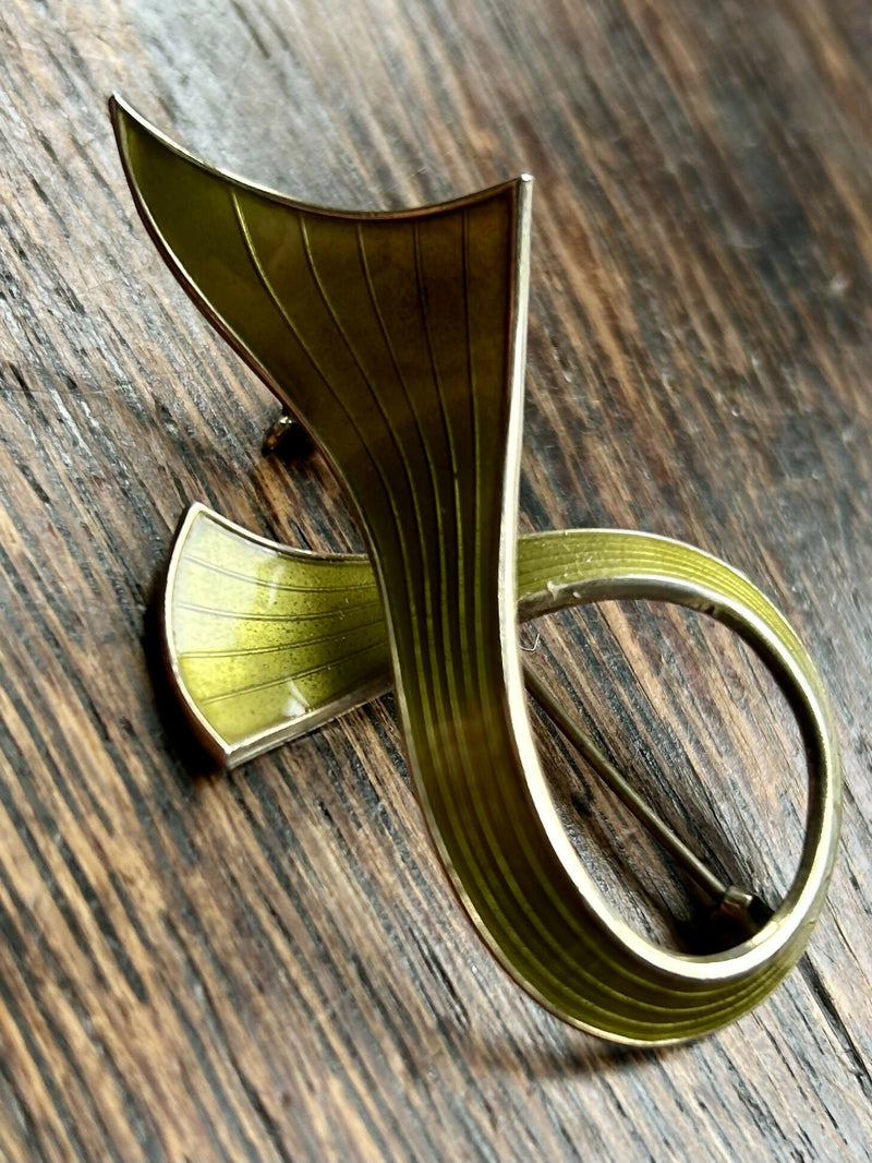 Modern Mid Century Norwegian Ivar T Holmsen Sterling Silver Leaf Green Enamel Brooch