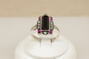 Silver Art Deco Style Onyx, Marcasite & Red Stone Ring