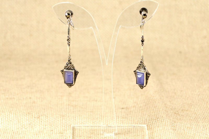 Art Deco Silver, Blue Chalcedony & Marcasite Dropper Earrings.