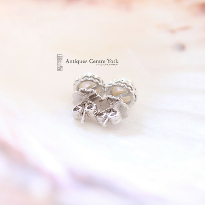 18ct White Gold Pearl & Diamond Cluster Earrings by Luke Stockley London