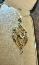 Art Nouveau Hallmarked 9ct Yellow Gold Aquamarine & Seed Pearl Pendant