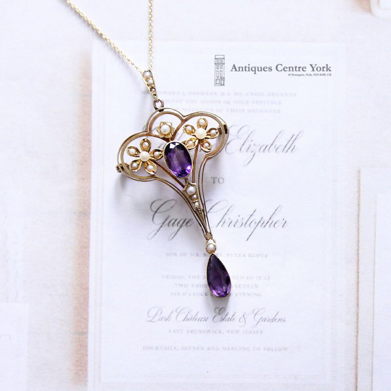 Edwardian 15ct Amethyst & Pearl Pendant/Brooch
