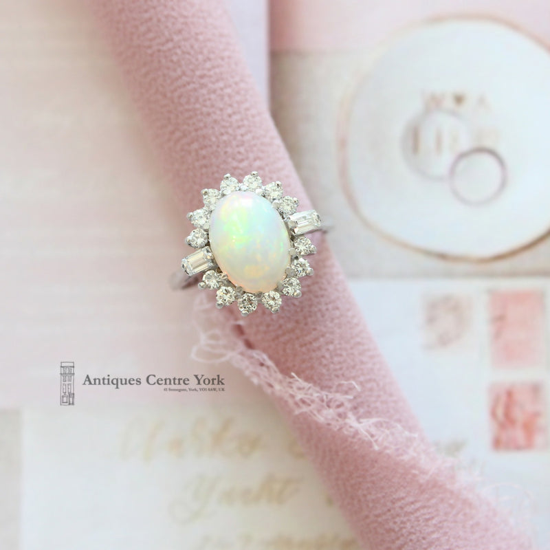 18ct White Gold Opal & Diamond Oval Cluster Ring