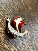 Modern Mid Century Norwegian Sterling Silver Aksel Holmsen Crimson Red Enamel Viking Ship Brooch