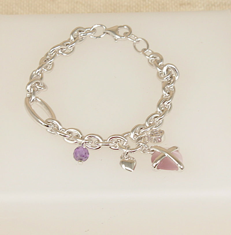 Silver Designer Belcher Bracelet, Pink Quartz Charms