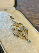 Art Nouveau Hallmarked 9ct Yellow Gold Aquamarine & Seed Pearl Pendant