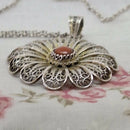 Filigree Silver & Coral Pendant on 17" Silver Chain