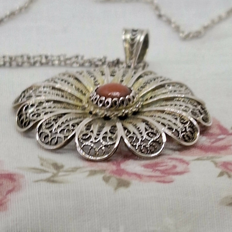 Filigree Silver & Coral Pendant on 17" Silver Chain