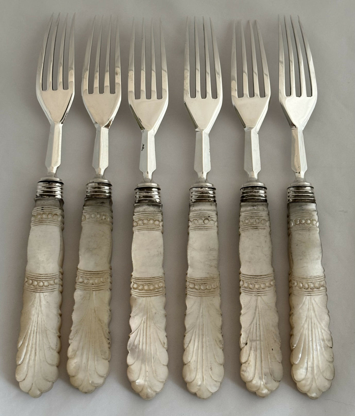 William IV Silver Carved Mother of Pearl Dessert Knives and Forks for Sheffield 1836 Atkin