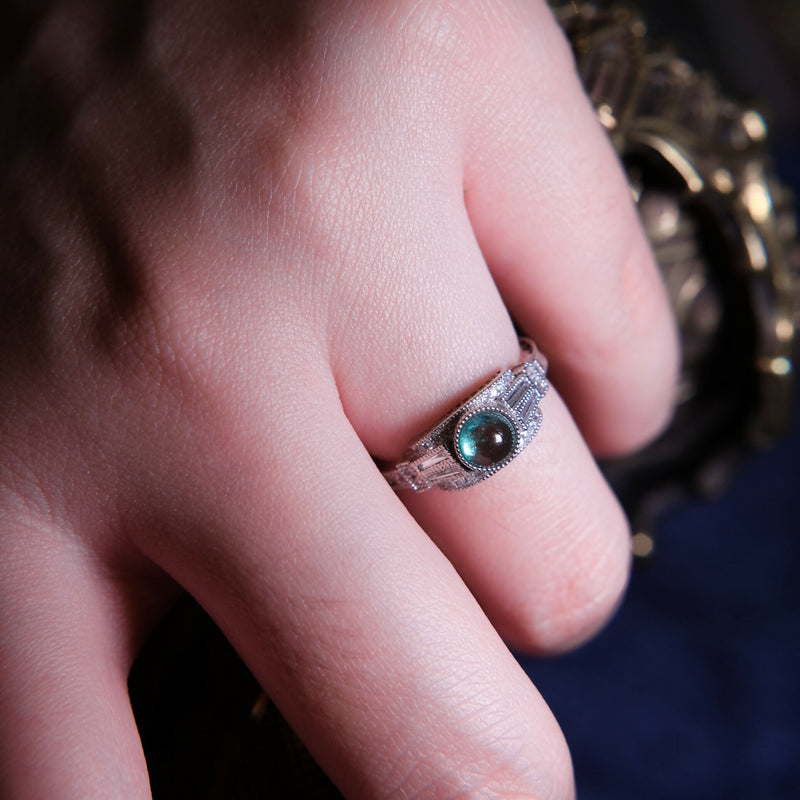 Art Deco Style Platinum Pt950 Emerald Cabochon Diamond and White Topaz Ring With Engraved Details Size K