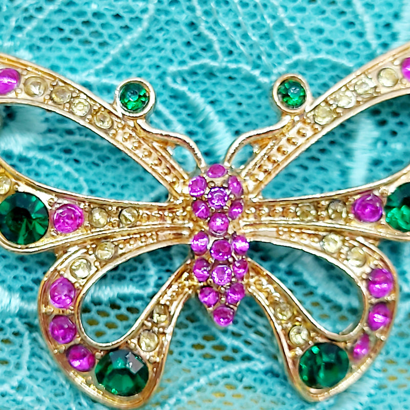 Gold Tone Butterfly Brooch/Pendant with Faux Jewels
