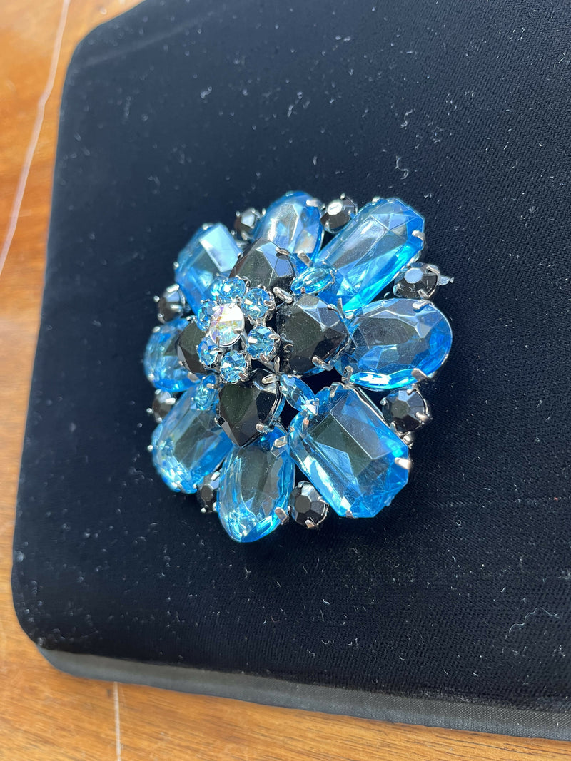 Retro Blue and Black Glass Faceted Extra Large Brooch