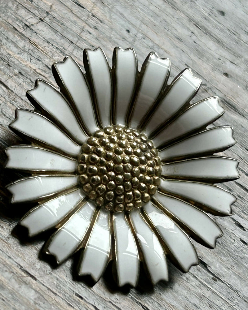 Modern Mid Century Anton Michelson Sterling Silver Gilt Daisy White Enamel Brooch