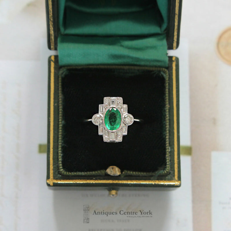 Deco Style 18ct White Gold Emerald & Diamond Cluster Ring