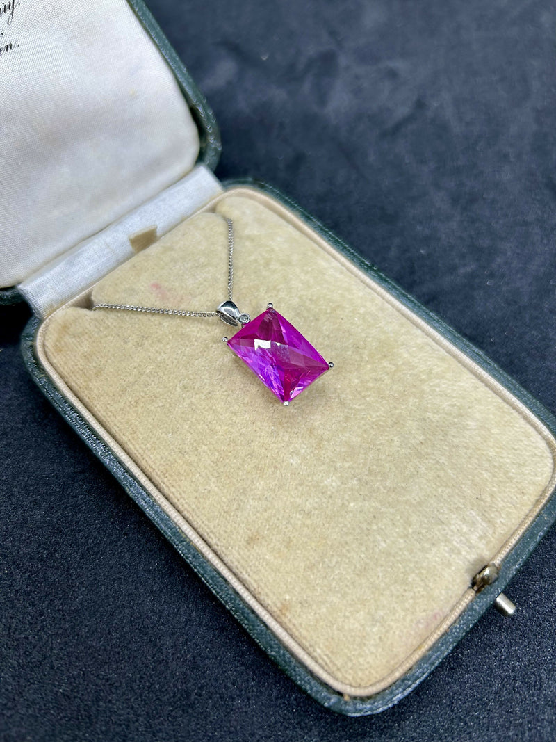 Hallmarked 9ct White Gold Facet Cut Pink Tourmaline & Diamond Pendant