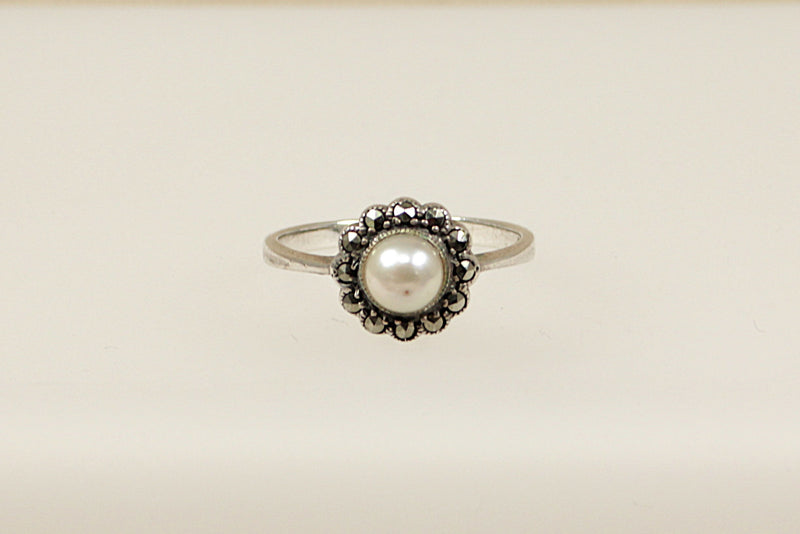 Silver, Marcasite & Faux Pearl Ring