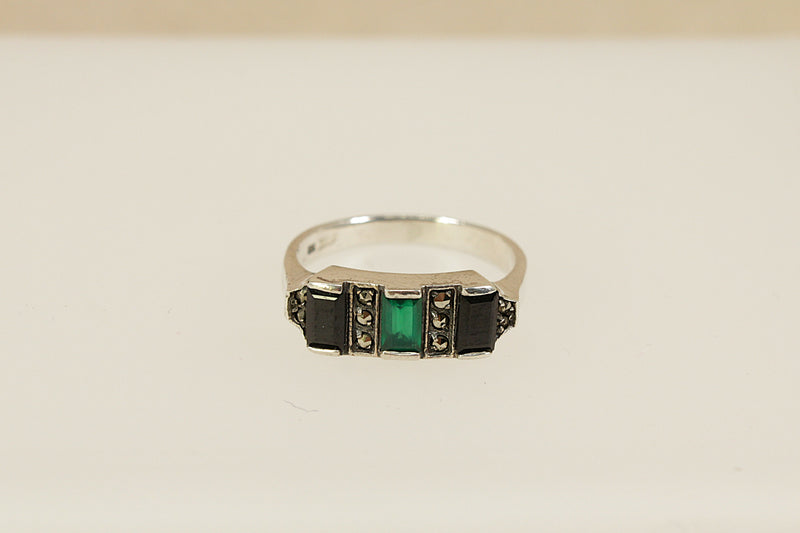 Silver Onyx & Chalcedony Art Deco Style Ring