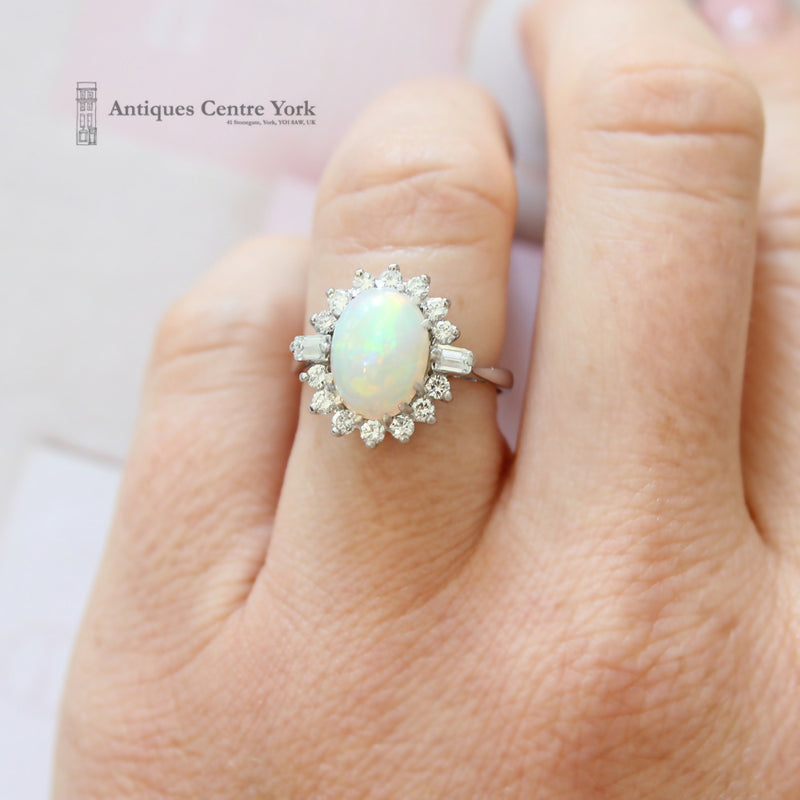 18ct White Gold Opal & Diamond Oval Cluster Ring