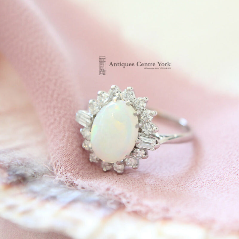 18ct White Gold Opal & Diamond Oval Cluster Ring