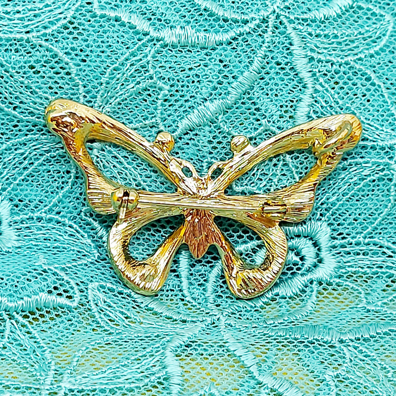 Gold Tone Butterfly Brooch/Pendant with Faux Jewels