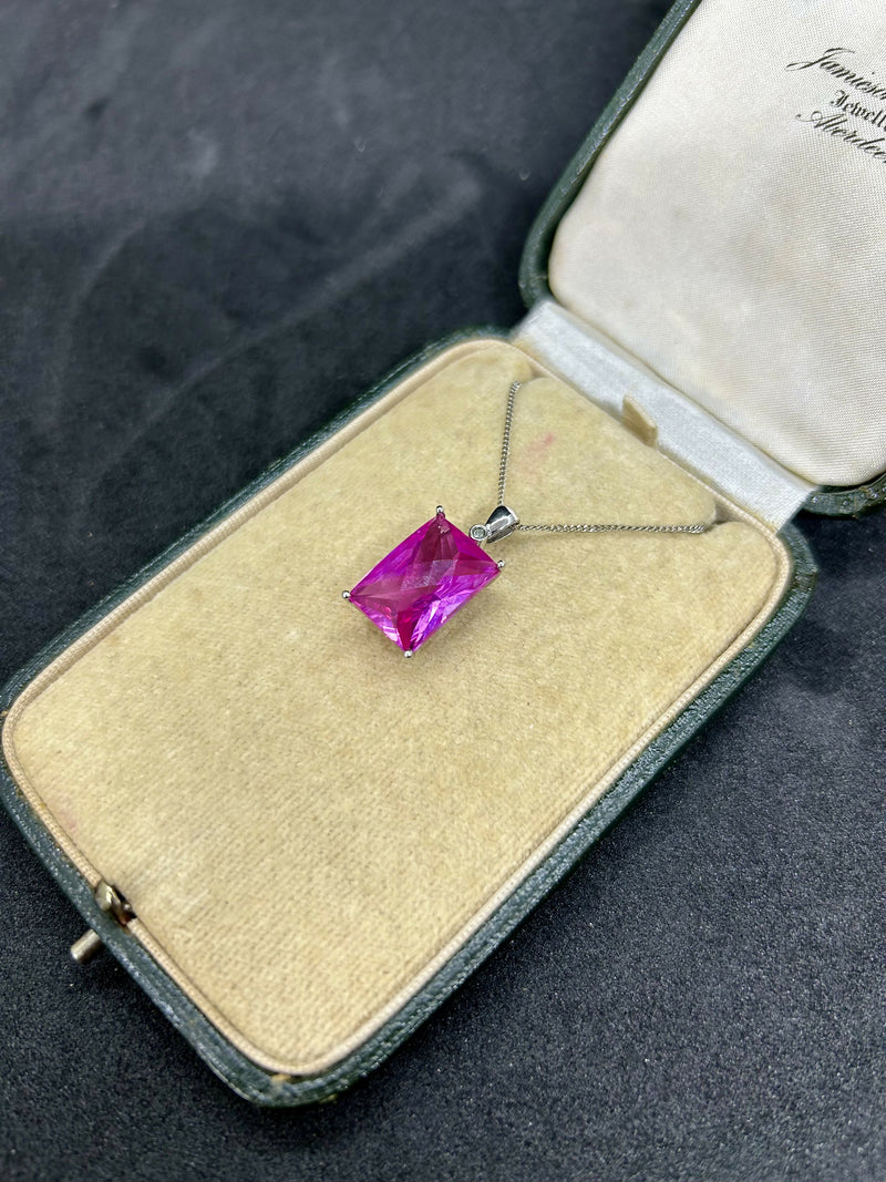 Hallmarked 9ct White Gold Facet Cut Pink Tourmaline & Diamond Pendant