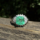 Vintage Platinum Colombian Emerald and Diamond Cluster Ring, Platinum 900, Emerald 1.11ct