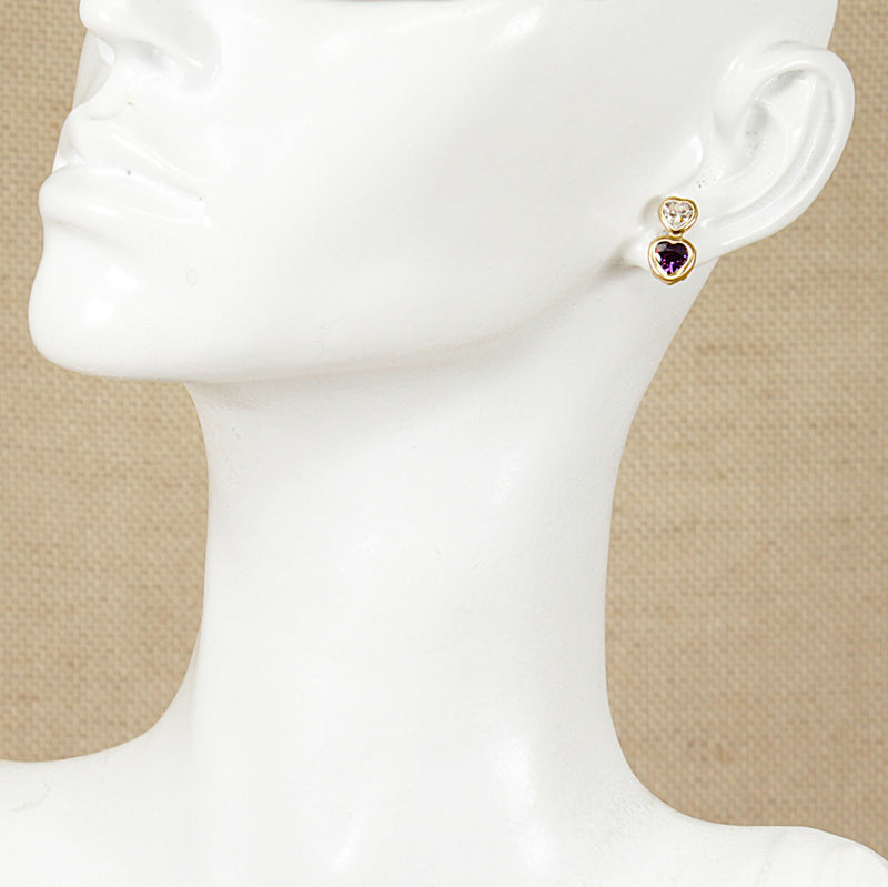 Vintage 9ct Gold & Amethyst Colour Heart Ear Stud Earrings