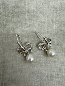 Vintage 925 Silver Cultured Pearl Bow Drop Earrings