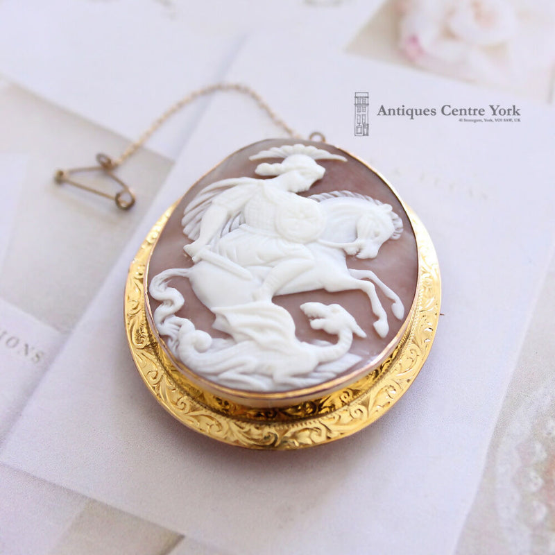 Victorian 9ct Gold George & The Dragon Shell Cameo Brooch