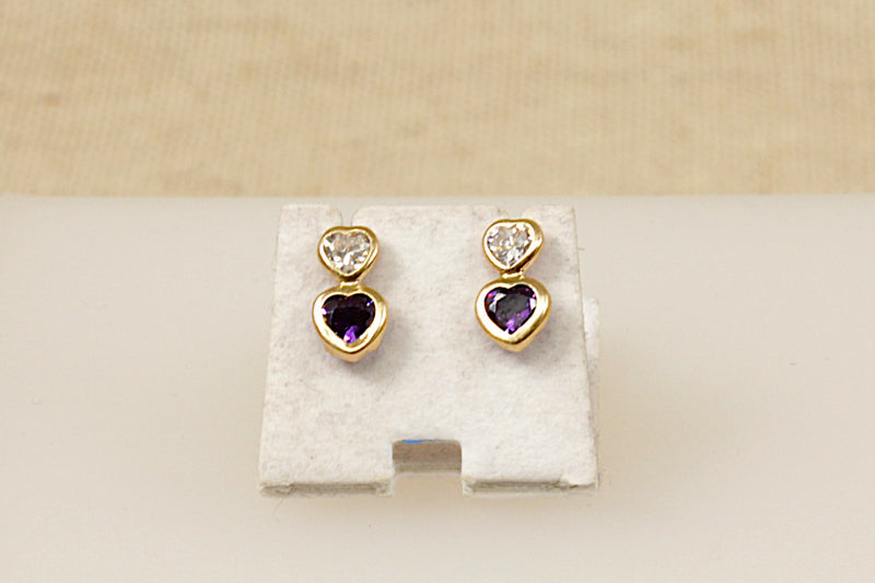 Vintage 9ct Gold & Amethyst Colour Heart Ear Stud Earrings