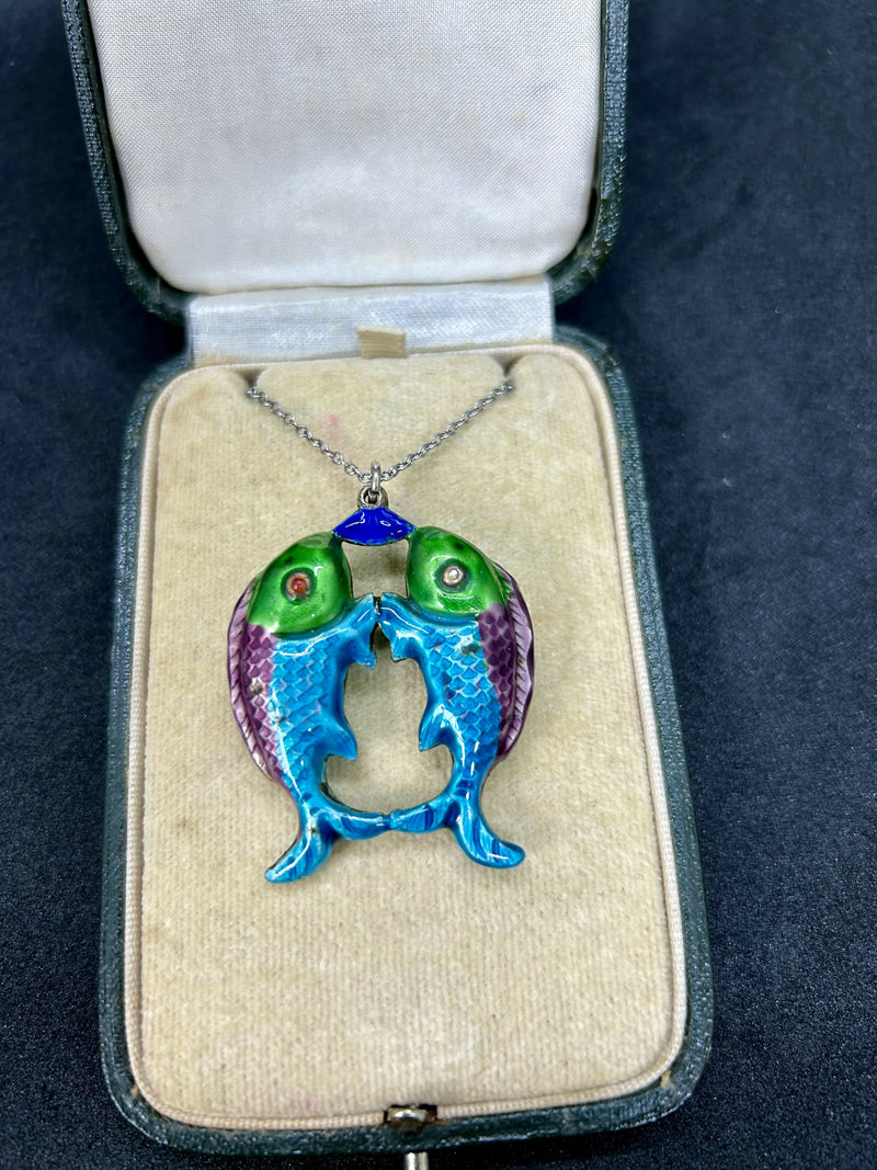 Antique Chinese Sterling Silver Enamel Fish Pendant