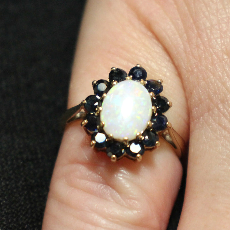 9ct gold opal and sapphires cluster ring