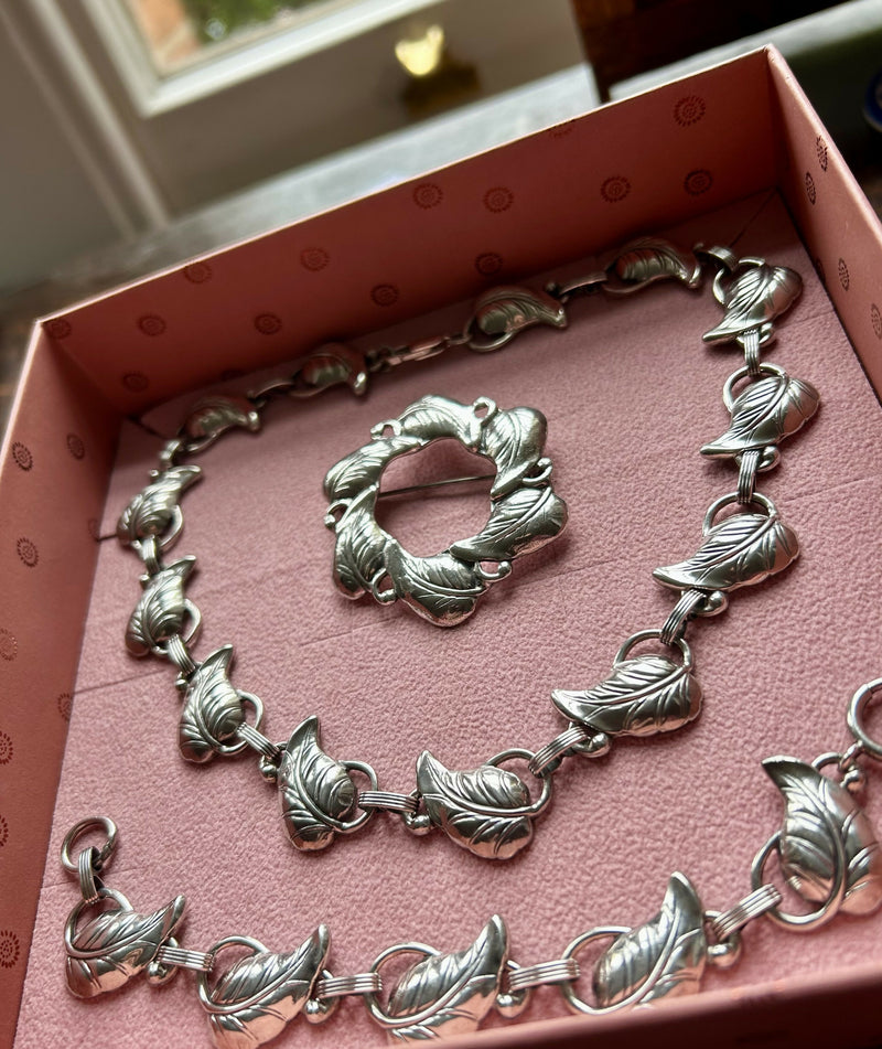 Scandinavian Modern Mid Century Sterling Silver Danecraft Leaf Necklace Bracelet & Brooch Set