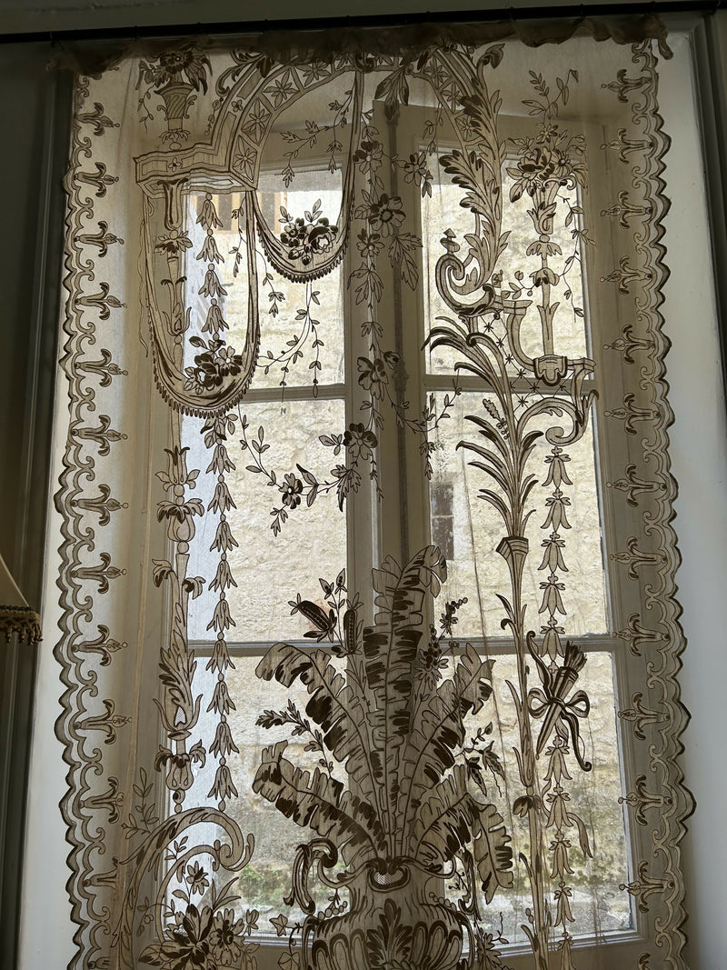 Antique French c1880 Embroidered biscuit coloured Lace Applique Chateau panel Handmade Lace Panel 53”/120”