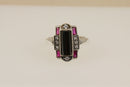 Silver Art Deco Style Onyx, Marcasite & Red Stone Ring
