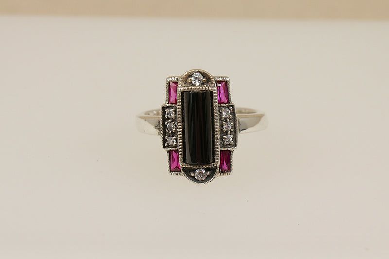 Silver Art Deco Style Onyx, Marcasite & Red Stone Ring