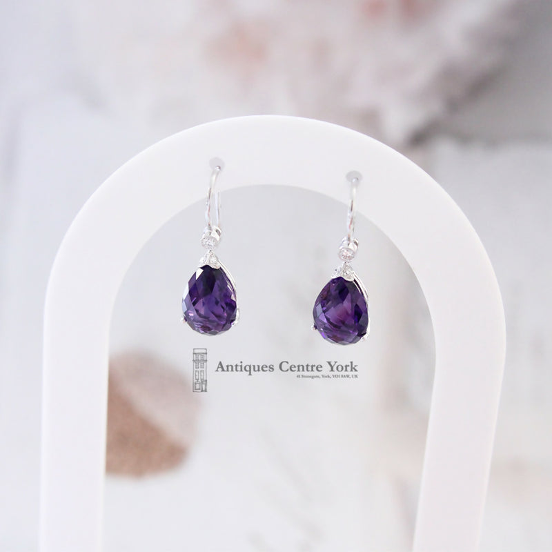 18ct White Gold Amethyst & Diamond Drop Earrings by Luke Stockley London