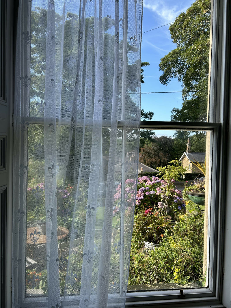 Fleur de Lys - c1910 antique white Cotton Lace Curtain Panelling By The Metre - Width 150 cms