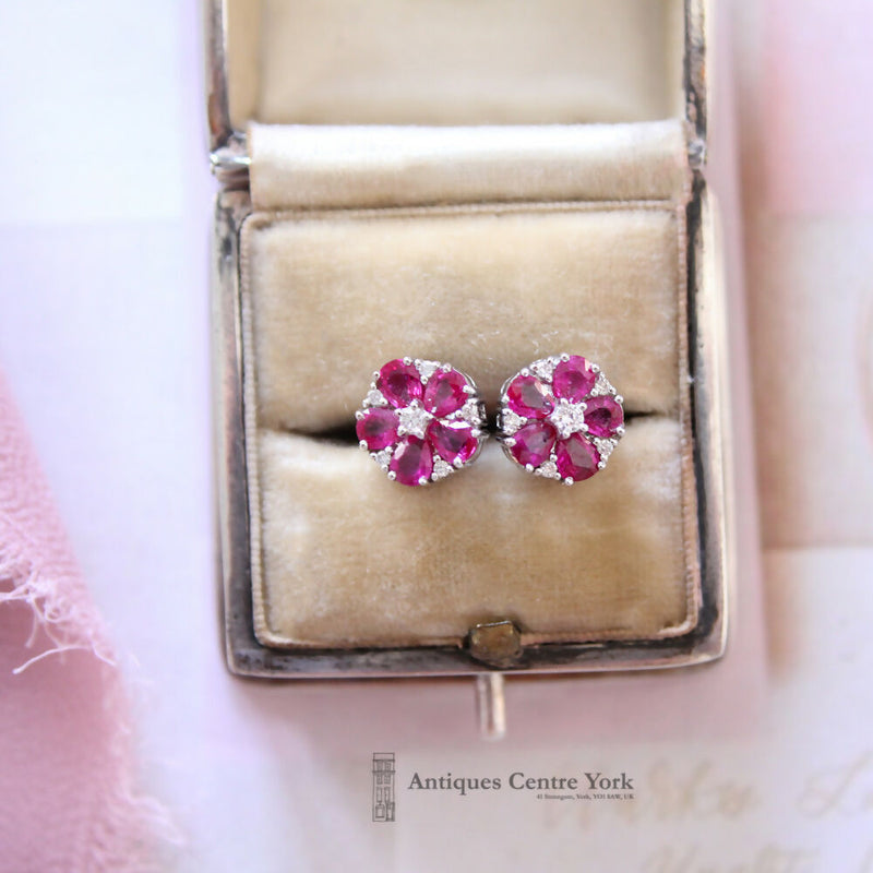 18ct White Gold Ruby & Diamond Cluster Earrings by Luke Stockley London