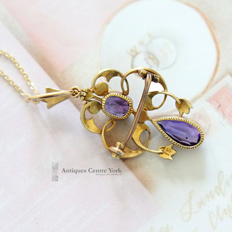 Victorian Art Nouveau 15ct Amethyst & Pearl Pendant/Brooch