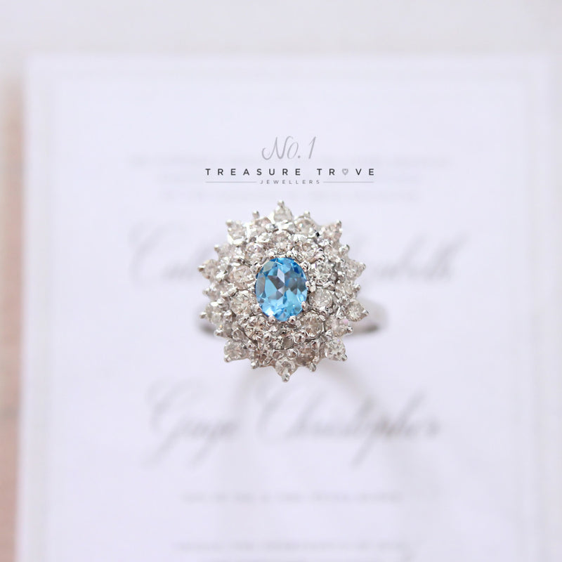 18ct White Gold Blue Topaz & Diamond Cluster Ring